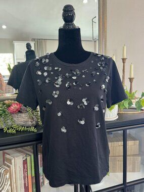J Crew Black 100% Cotton T-shirt w/Front Large Sequins & Bead Detail  - Size M